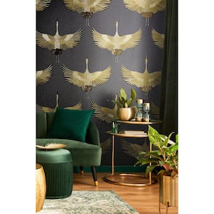 Kumano Collection Black Textured Flying Storks Pearlescent Finish Non-Pasted Vinyl on Non-Woven Wallpaper Roll