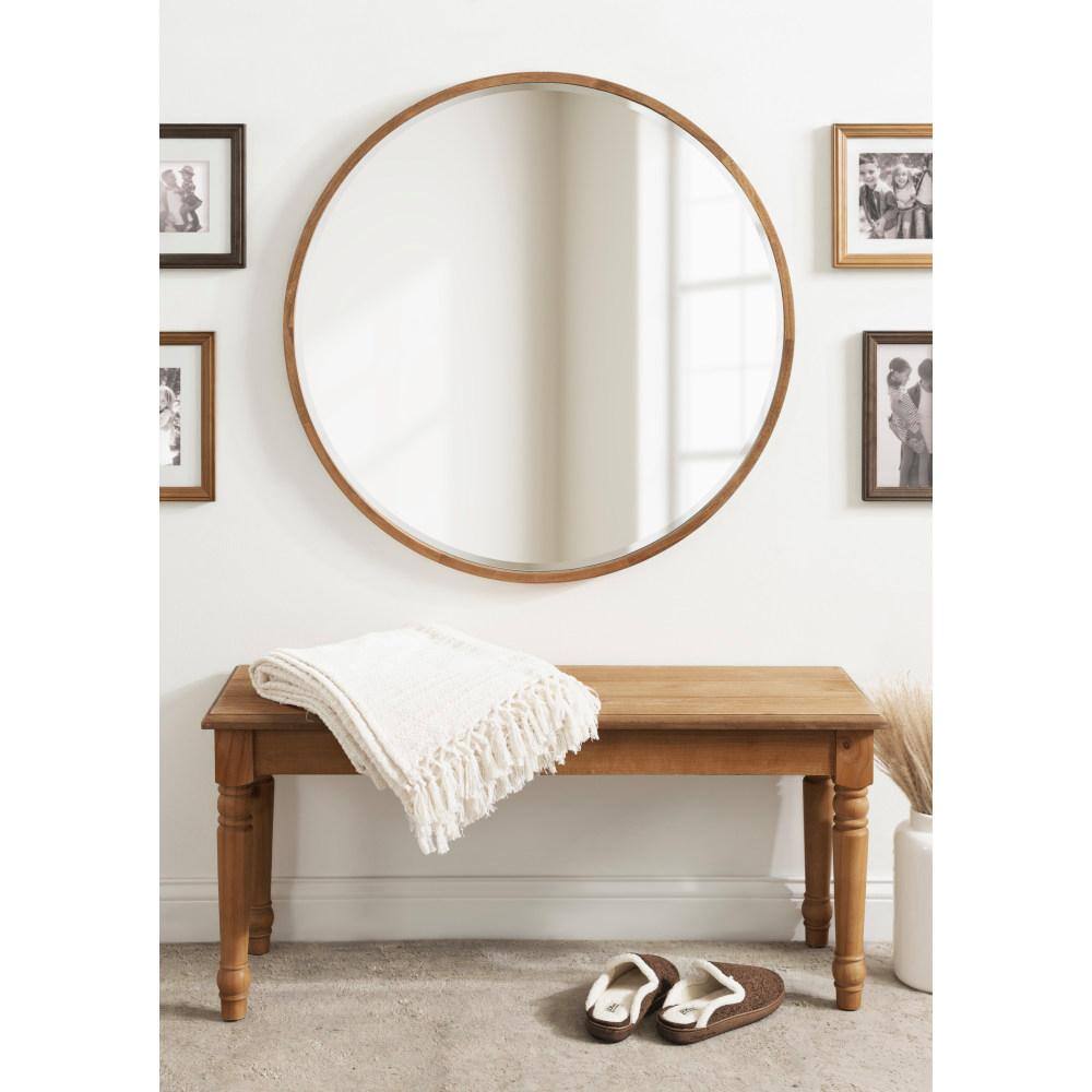 34" Round Walnut Wood Bathroom Vanity Mirror