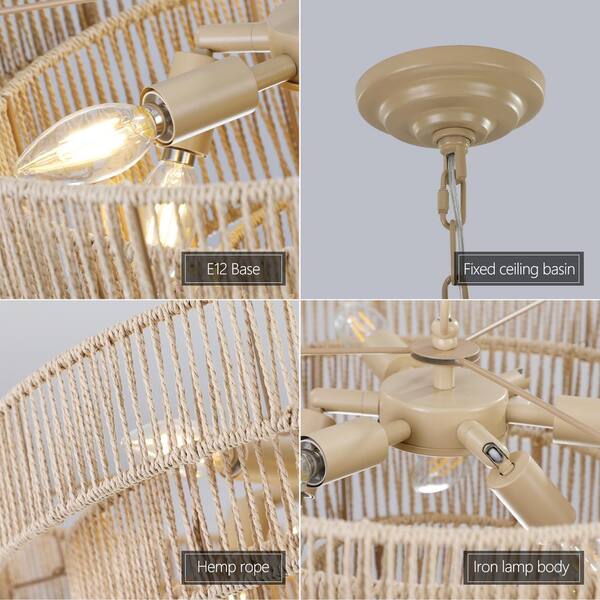 HKMGT Bohemian 6-Light 4-Tier Brown Woven Rattan Round