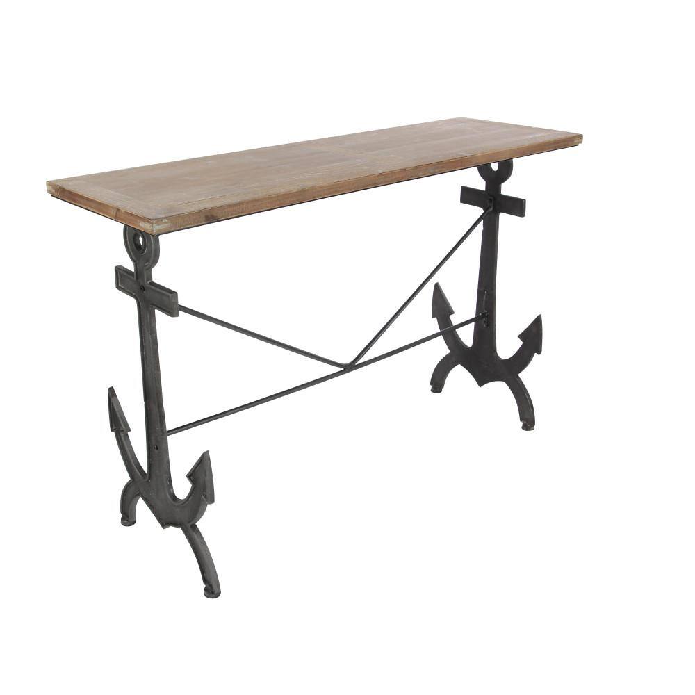 Black Solid Anchor Coastal Console Table with Brown Wood Top, 48"W x 31"H