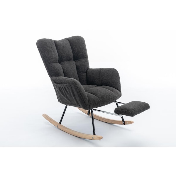 Sudzendf Dark Gray Teddy Fabric Metal Outdoor Rocking Chair With Adjustable Footrest