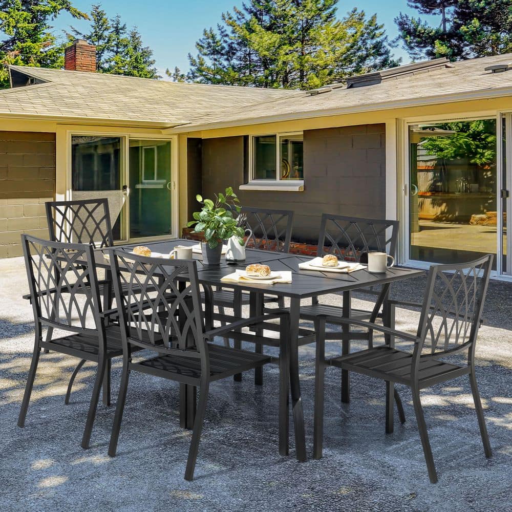 Nuu Garden Black 7-Piece Iron Outdoor Dining Set 6 Stackable