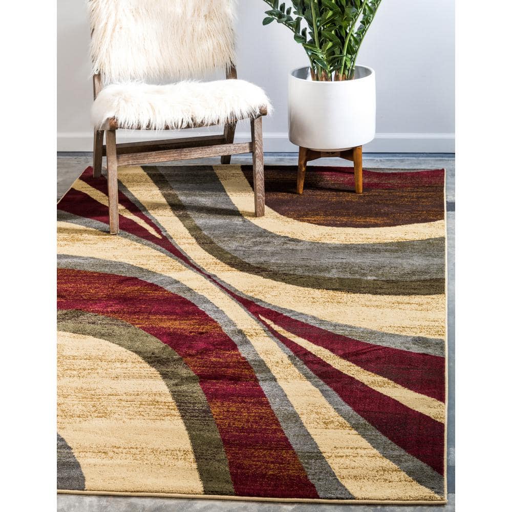 9' x 12' Beige and Burgundy Abstract Area Rug