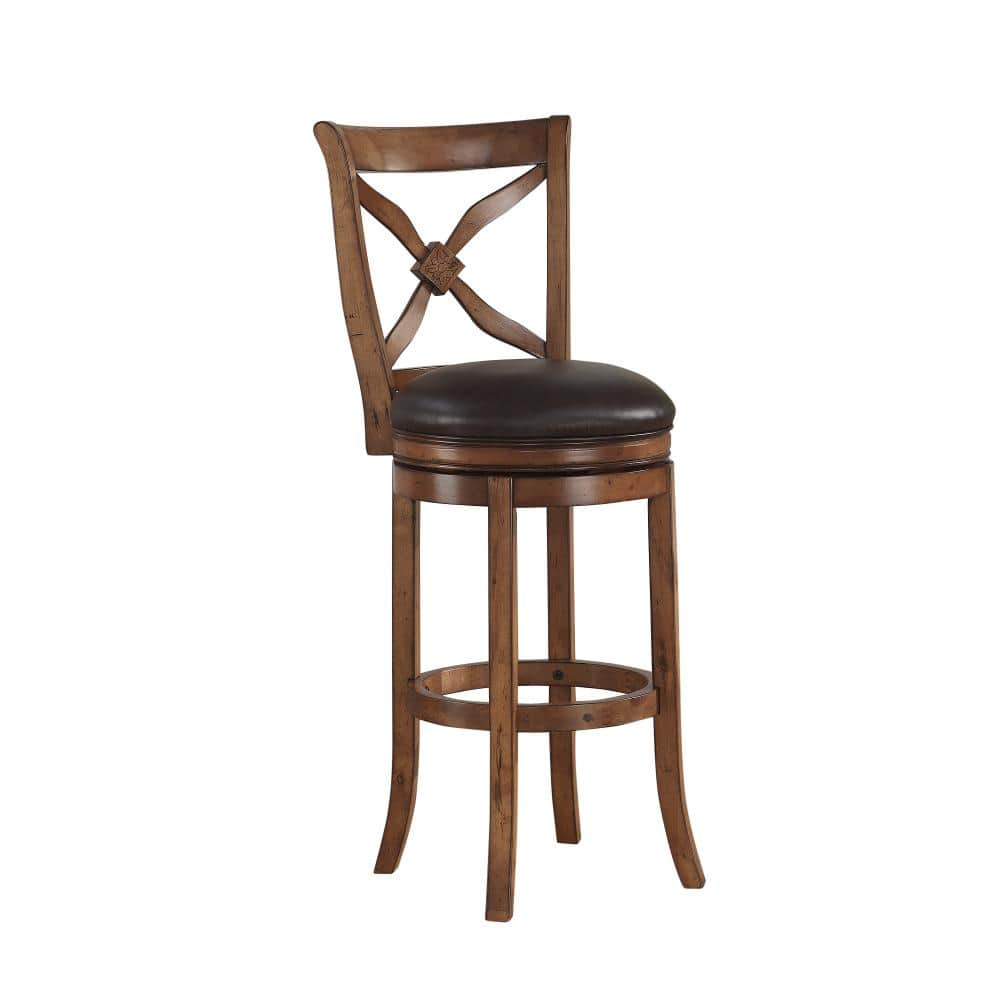 Transitional Brown Leather Swivel Chair with Carved Flower Detail