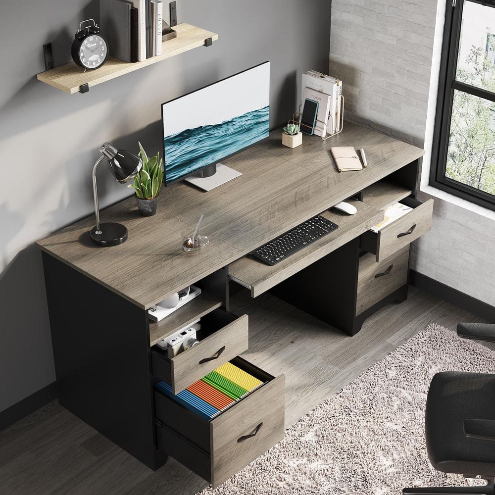 Bestier 59 in. Rectangular Grey 4-Drawers Computer Executive Desk