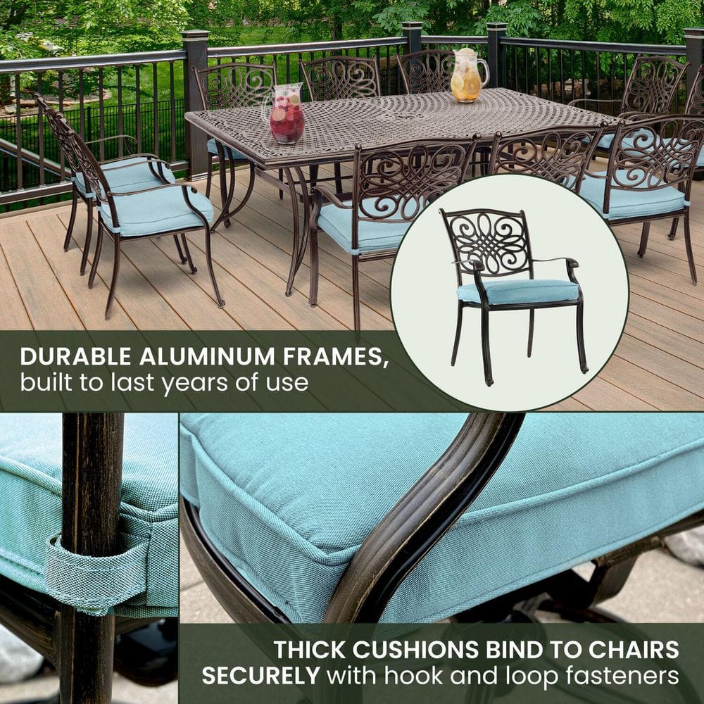 Hanover Traditions Elegant Bronze 11-Piece Outdoor Dining Set with Blue Cushions