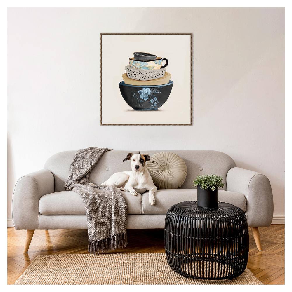 Stacked Blue and Beige Bowls Framed Canvas Wall Art