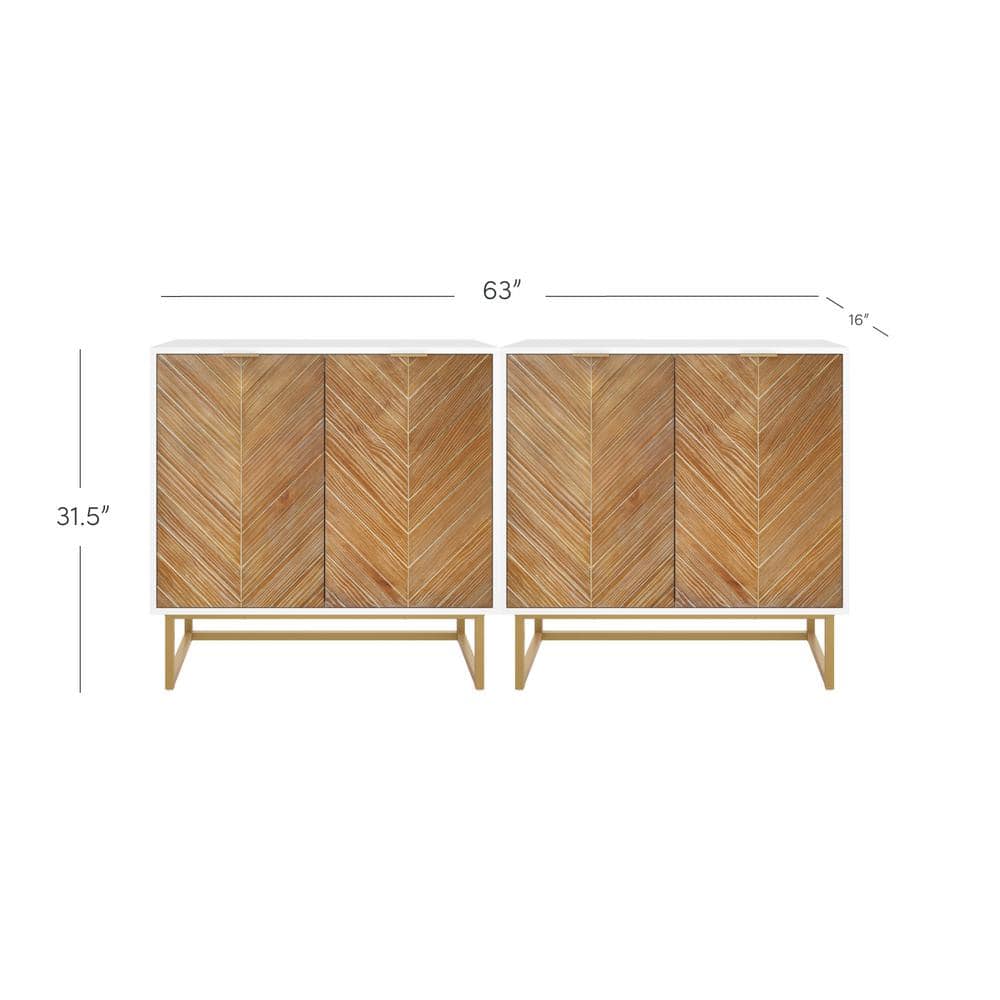 White and Brown Herringbone Freestanding Accent Cabinet with Adjustable Shelving