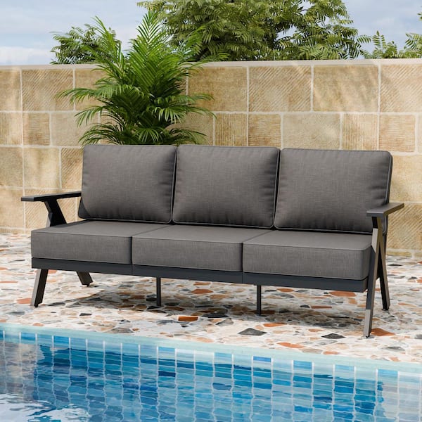 Modern Patio Metal Outdoor Loveseat Three-Seater Sofa, Rust Resistant Frame with Weather Resistant Gray Cushions