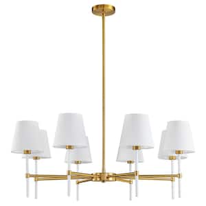 8-Light White and Gold Modern Chandelier for Dining Room with Fabric Shade Height Adjustable Chandelier Light Fixture