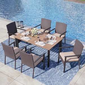 Black 7-Piece Metal Patio Outdoor Dining Set with Wood-Look Rectangle Table and Rattan Chairs with Beige Cushion