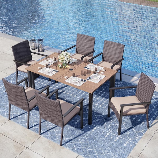 PHI VILLA Black 7-Piece Metal Patio Outdoor Dining Set with Wood-Look Rectangle Table and Rattan Chairs with Beige Cushion