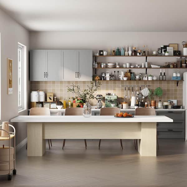 Wooden Grain Oak and White Color Wood 118 in. W Rectangle Double Pedestal Double-Based Dining Table for 10+ Seats