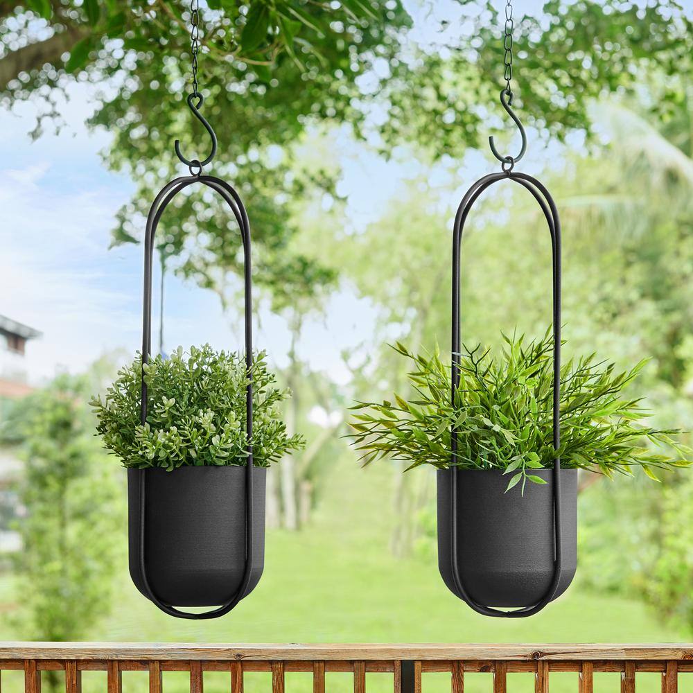 Modern Black Metal Oval Wall Hanging Planter Set