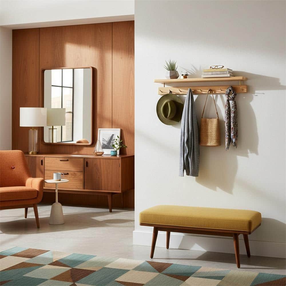 Brown Wood Wall Mount Coat Rack with Shelf and 9-Brass Hooks