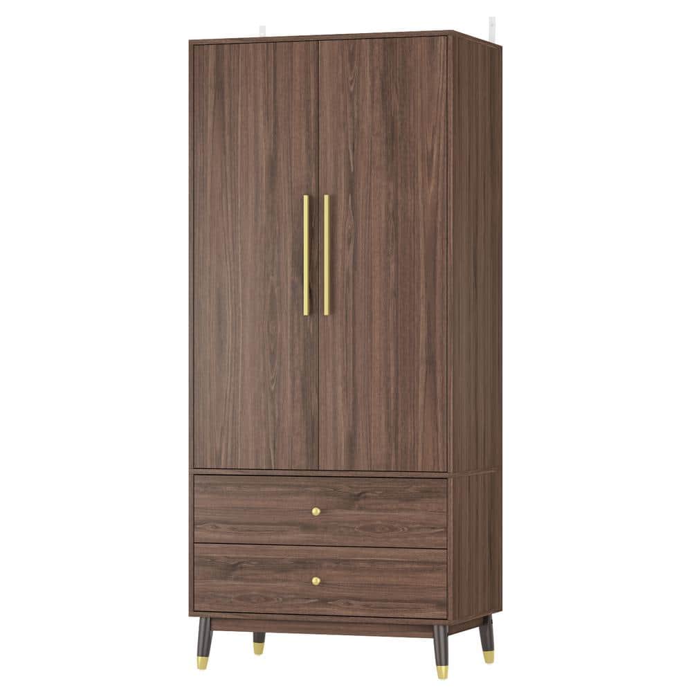 Brown 2-Drawers Kids Armoires Wardrobe With Hanging Rods, Drawers, Shelves (19.1 in. D x 31.5 in. W x 71.1 in. H)