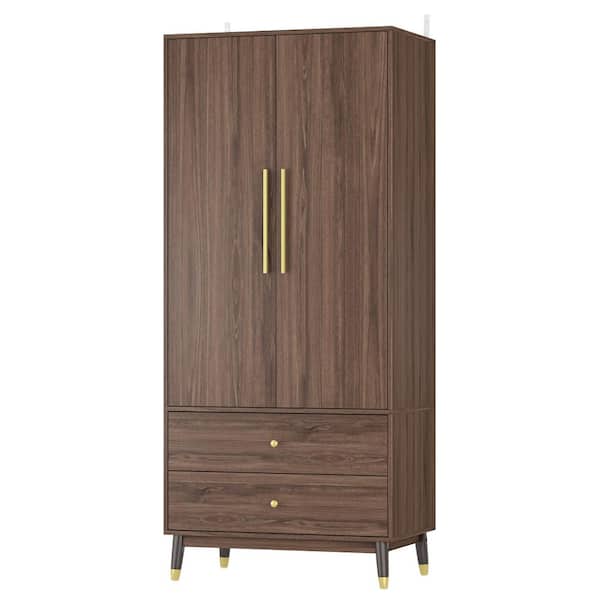 FUFU&GAGA Brown 2-Drawers Kids Armoires Wardrobe With Hanging Rods, Drawers, Shelves (19.1 in. D x 31.5 in. W x 71.1 in. H)