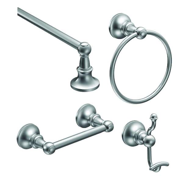 MOEN Vale 4-Piece Bath Hardware Set with 18 in. Towel Bar, Paper Holder, Towel Ring, and Robe Hook in Chrome