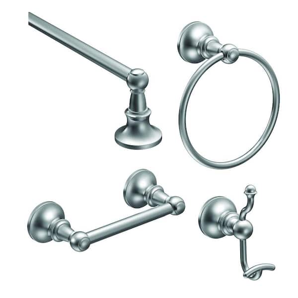 MOEN Vale 4-Piece Bath Hardware Set with 24 in. Towel Bar, Paper Holder, Towel Ring, and Robe Hook in Chrome
