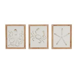 Metal White Sea Life Wall Decor with Wooden Frames and Gold Accents Set of 3