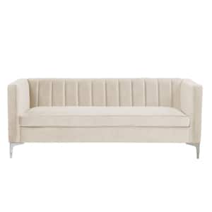 71 in. Wide Velvet Square Arm Mid-Century Rectangle Sofa with Channel Tufted 3-Seater Couch in Beige