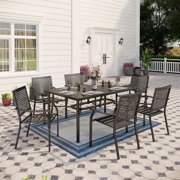 PHI VILLA 7-Piece Metal Patio Outdoor Rectangle Table and Dining Chairs Black Dining Sets