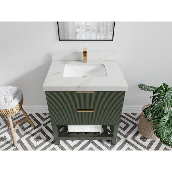 Willow Collections Catalina 30 in. Freestanding Pewter Green Bath Vanity with Calacatta Sienna Qt. Top Unassembled
