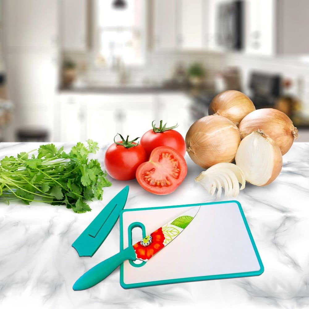 Floral Pattern 3-Piece Plastic Knife and Cutting Board Set