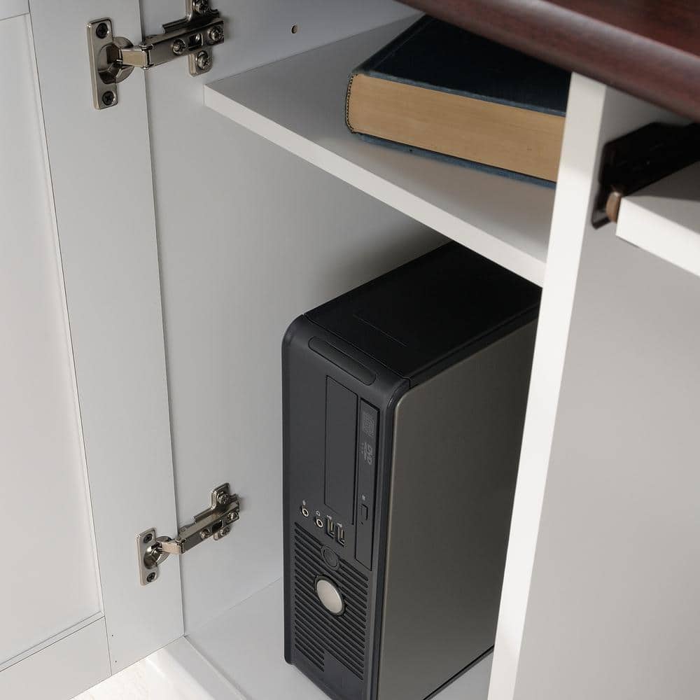 Soft White Multifunctional Computer Desk with Cherry Accent and Storage