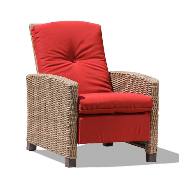 Wildaven Brown Adjustable Metal Frame Outdoor Patio Recliner with Extendable Side Table, Retractable Footrest and Red Cushion