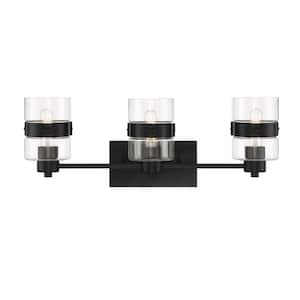 Midnight LA 24.75 in. 3-Light Matte Black Modern Vanity with Clear Glass Dual Shades