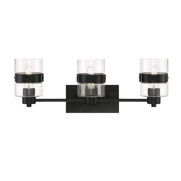 Designers Fountain Midnight LA 24.75 in. 3-Light Matte Black Modern Vanity Light with Clear Glass Dual Shades