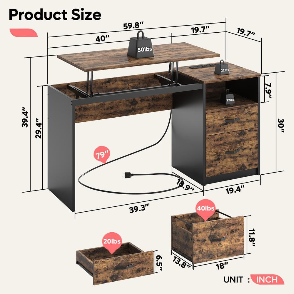 Rustic Brown Adjustable Height Computer Desk with Power Outlets and Drawers