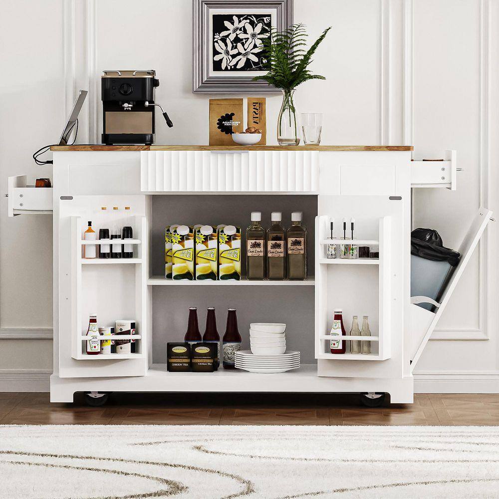 JimsMaison 49 in. White MDF Kitchen Cart with Trash Can Storage Cabinet ...