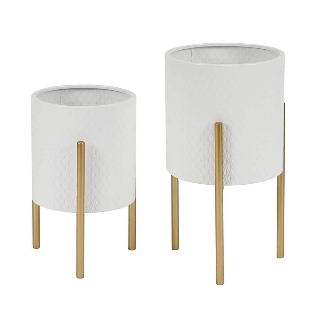 Luxen Home White Round Metal Planter & Stand Set 2 Pieces