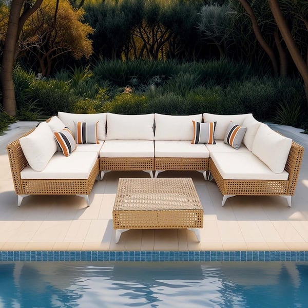 Zeus & Ruta 7-Piece Wicker Patio Conversation Set Sectional Sofa with Water Resistant Beige Cushions and Coffee Table