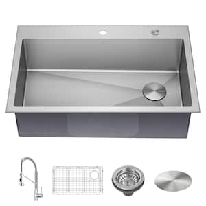 Loften 33 in. Drop-In Single Bowl 18 Gauge Stainless Steel Kitchen Sink with Pull Down Faucet in Chrome