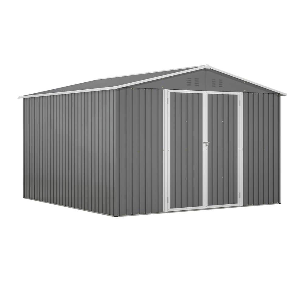 10 ft. W x 10 ft. D Gray Metal Storage Shed for Outdoor with Double Door, L