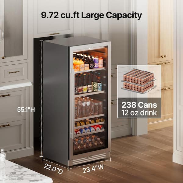 24 in. Single Zone 238-Cans Beverage Refrigerator Drink Beer Fridge Cooler Built-in/ Freestanding in Stainless Steel