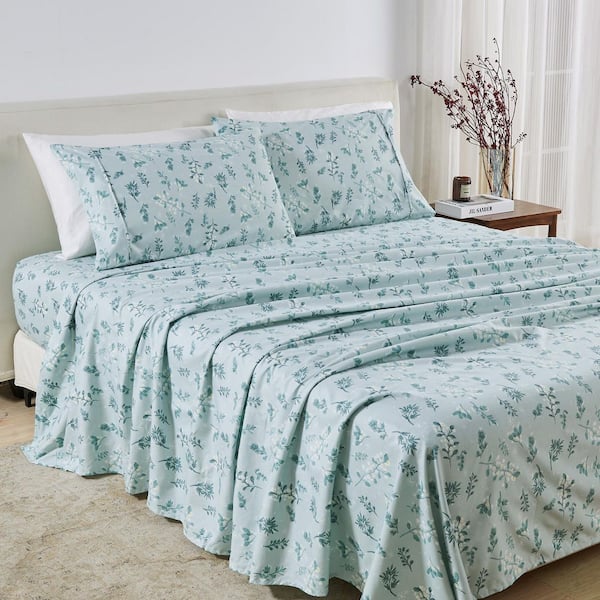 FRESHFOLDS Green Soft Floral Printed 4-Piece Microfiber Bed Sheet Set