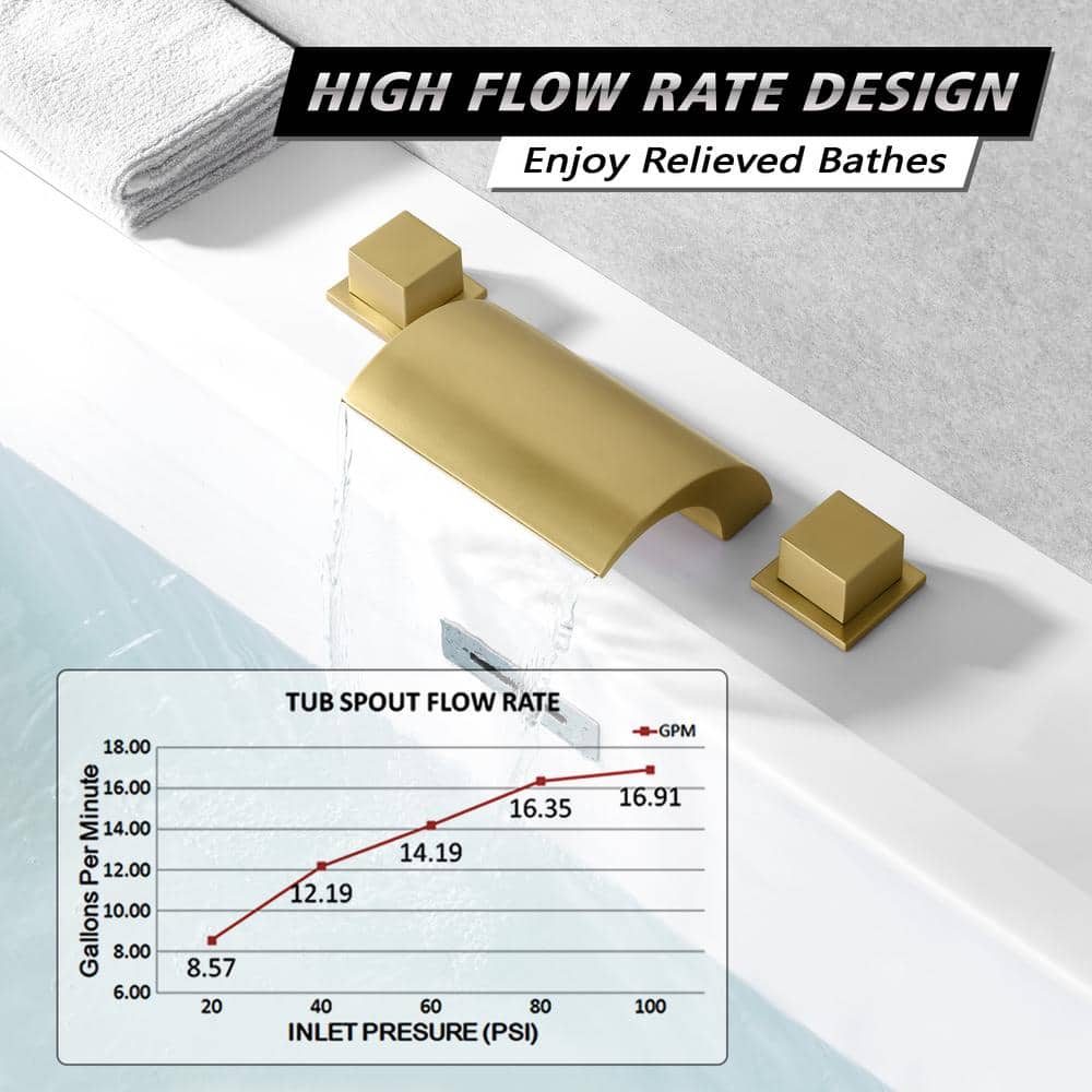 Brushed Gold Waterfall Spout Double Handle Roman Tub Faucet