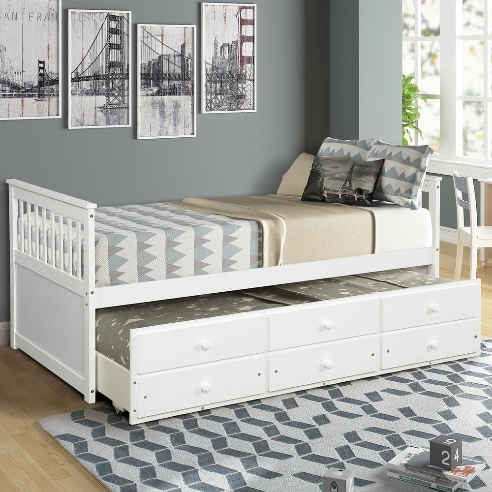 Polibi White Captain's Bed Twin Daybed with Trundle Bed and Storage Drawers (76 in. L x 43.5 in. W x 35.75 in. H) -  RS-ECBTDT-WI-PJ