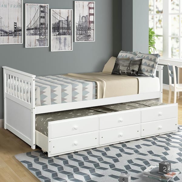 Polibi White Captain's Bed Twin Daybed with Trundle Bed and Storage Drawers (76 in. L x 43.5 in. W x 35.75 in. H)