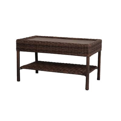 Cambridge Brown Rectangular Wicker Outdoor Patio Coffee Table with Faux Wood Table Top
