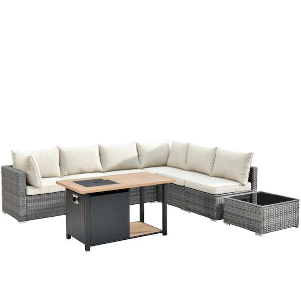 Sanibel Gray 8-Piece Wicker Outdoor Patio Conversation Sofa Seating Set with a Storage Fire Pit and Beige Cushions