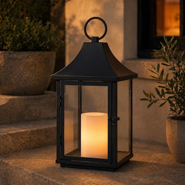 ALOA DECOR H14'' Outdoor Solar Lantern with Flickering LED Candle