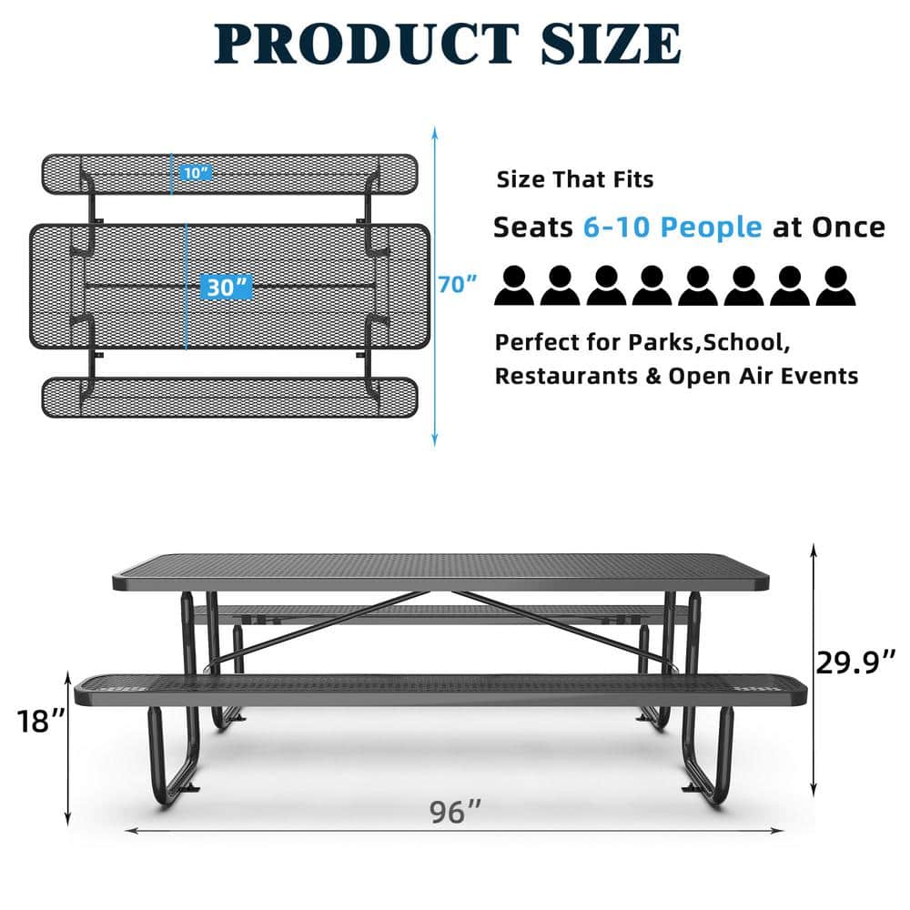 96" Black Steel Weather Resistant Outdoor Picnic Table