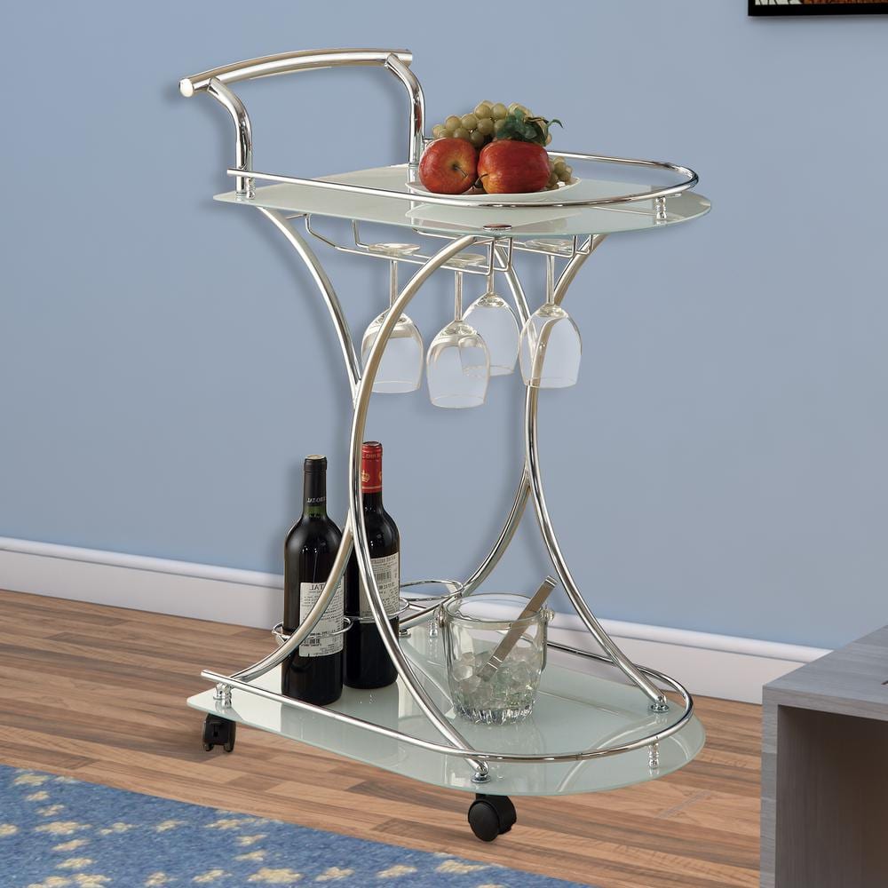 Benjara Captivating Silver Serving Cart with 2-Frosted Glass Shelves ...