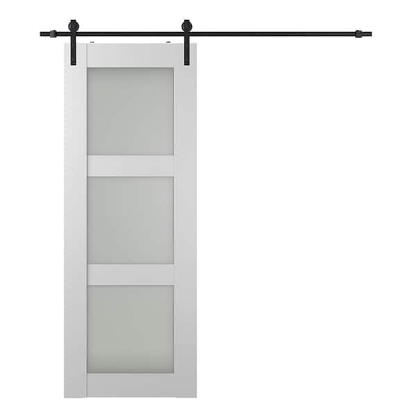 Smart Pro 24 in. x 96 in. 3-Lite Frosted Glass Polar White Wood Composite Sliding Barn Door with Hardware Kit