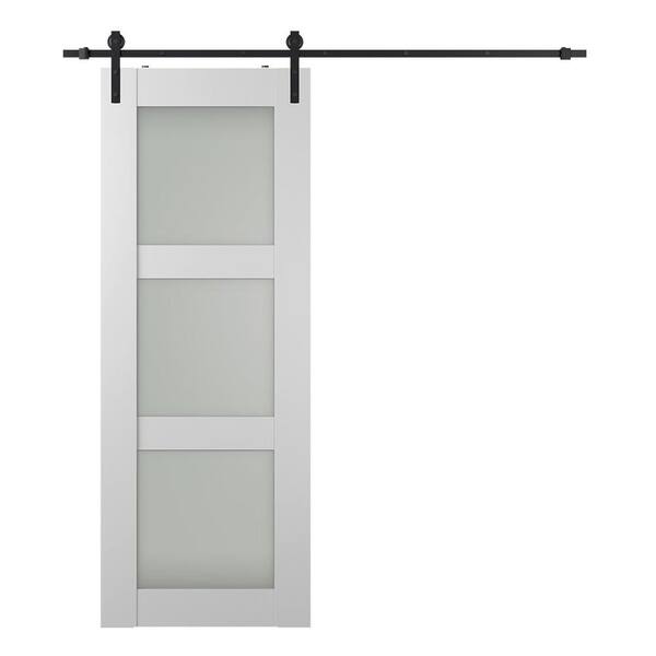Belldinni Smart Pro 32 in. x 80 in. 3-Lite Frosted Glass Polar White Wood Composite Sliding Barn Door with Hardware Kit